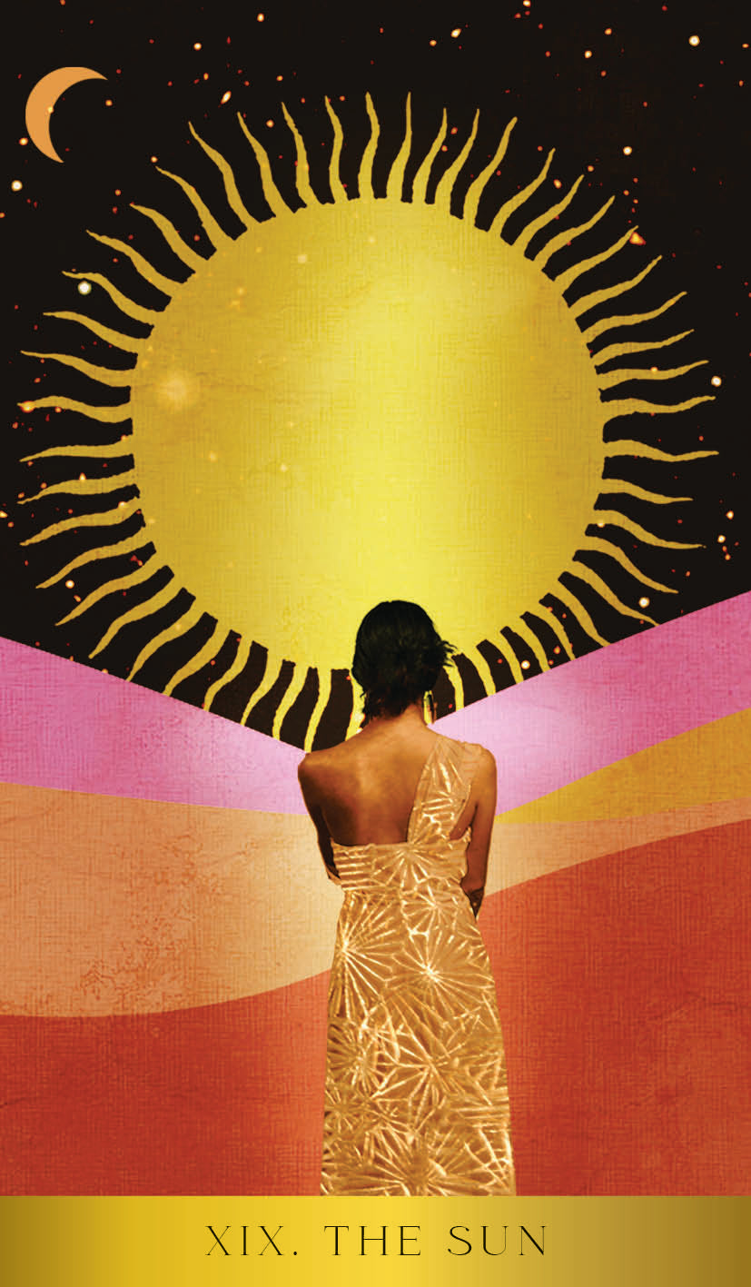 Woman in a gold dress facing a large sun with a pink and orange landscape