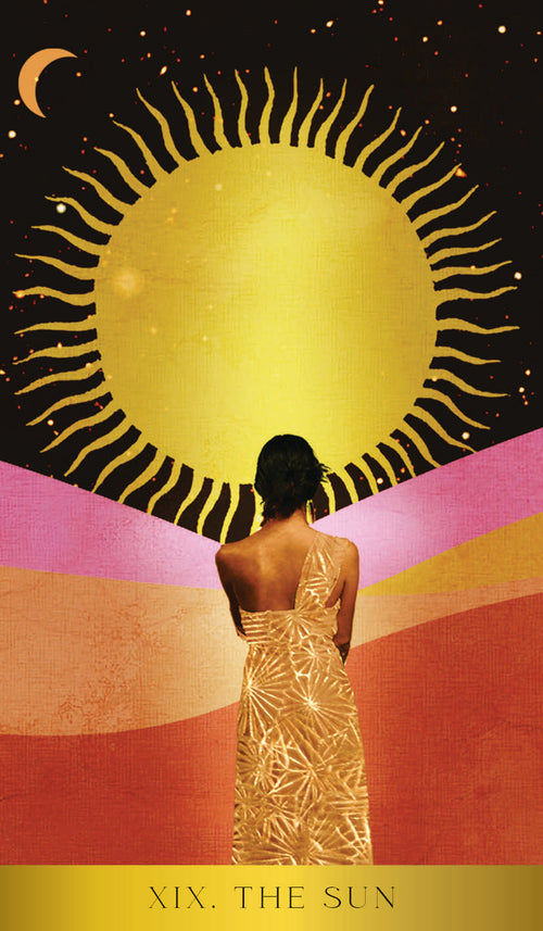 Woman in a gold dress facing a large sun with a pink and orange landscape