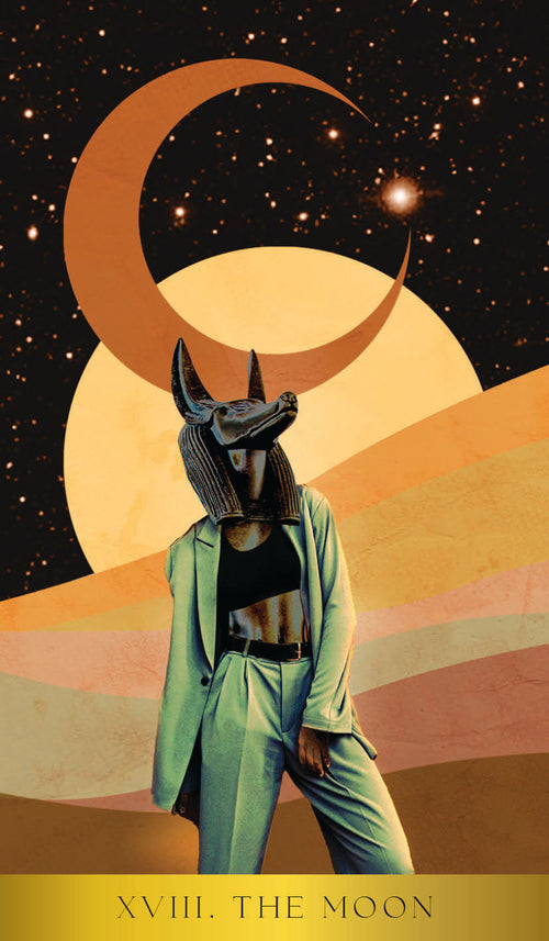 Person wearing a mask with a crescent moon and sun in the background, labeled 'XVIII. The Moon'.