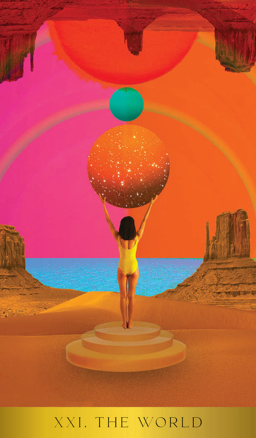 Surreal desert scene with a person holding a colorful ball, inspired by 'The World' tarot card.