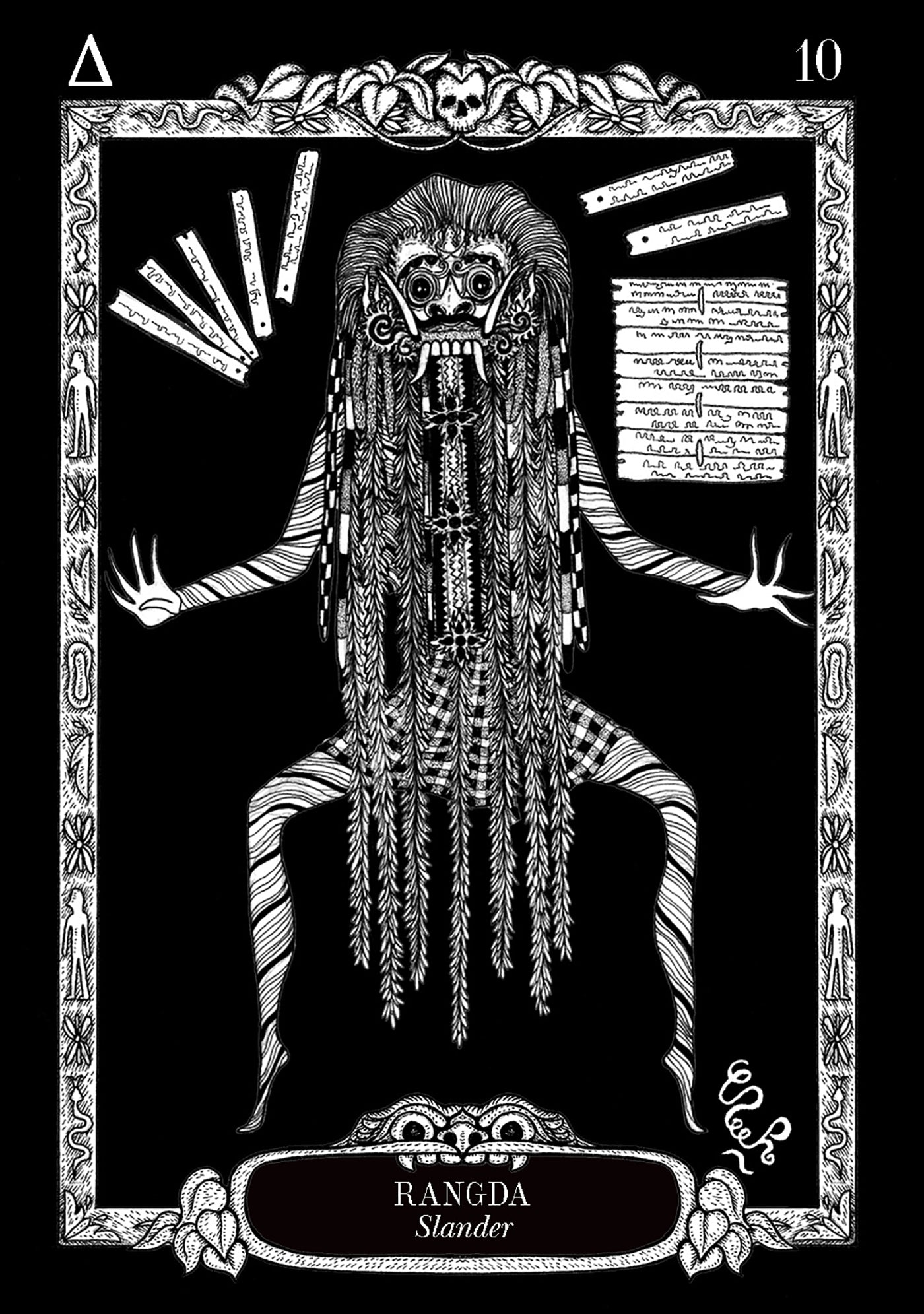 Black and white illustration of a tarot card featuring a creature with long hair and a frame around it.
