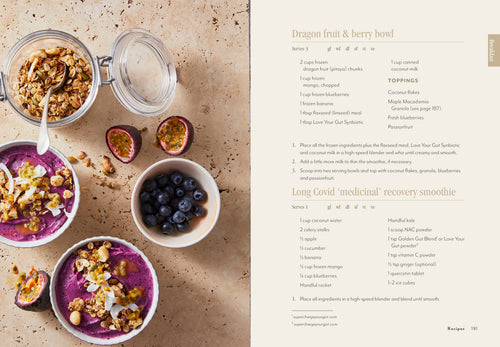 Recipe for a dragon fruit and berry bowl with ingredients and a smoothie recipe on a textured surface.