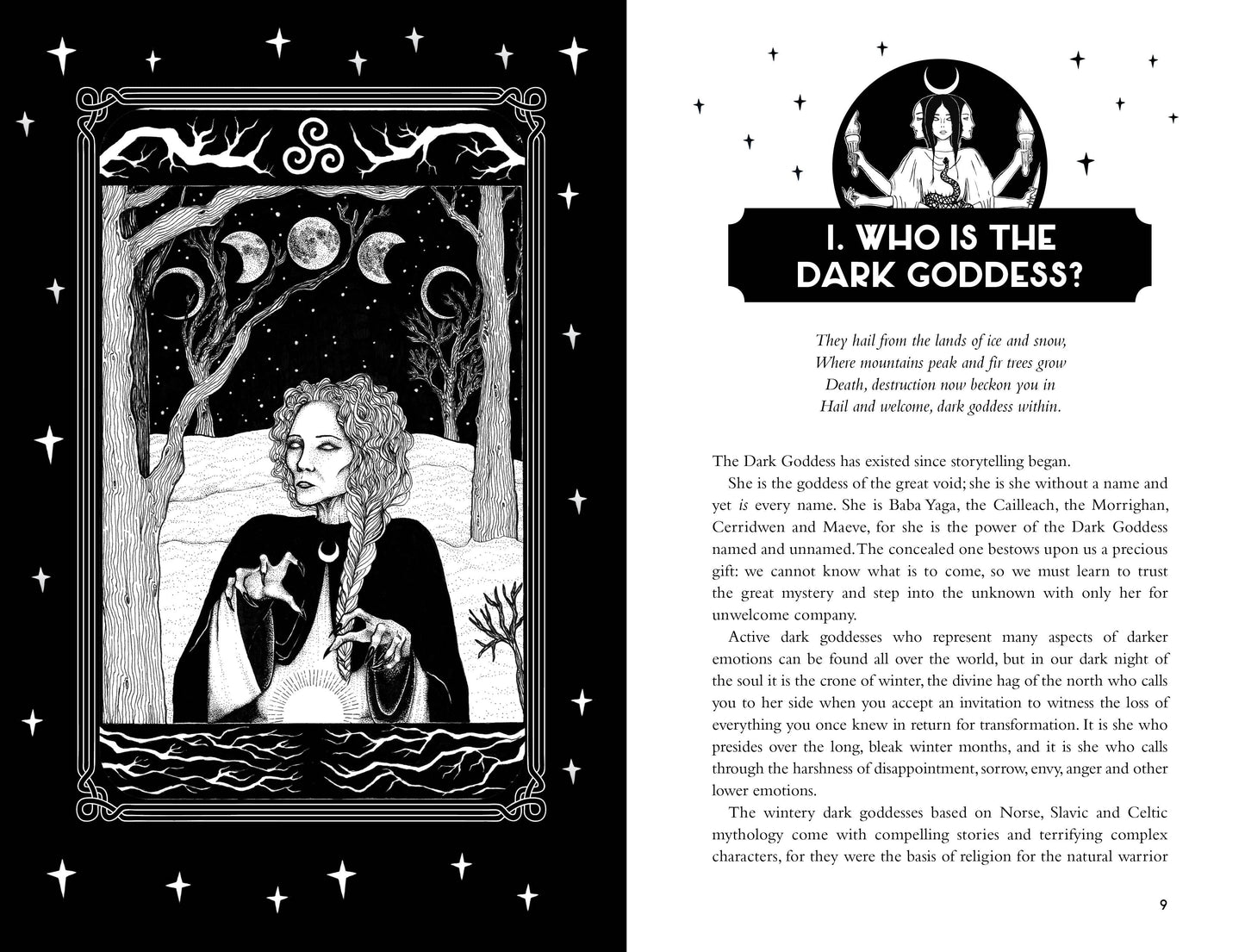 Illustration of a woman with a dark goddess theme, surrounded by moon phases and stars, on a black background.