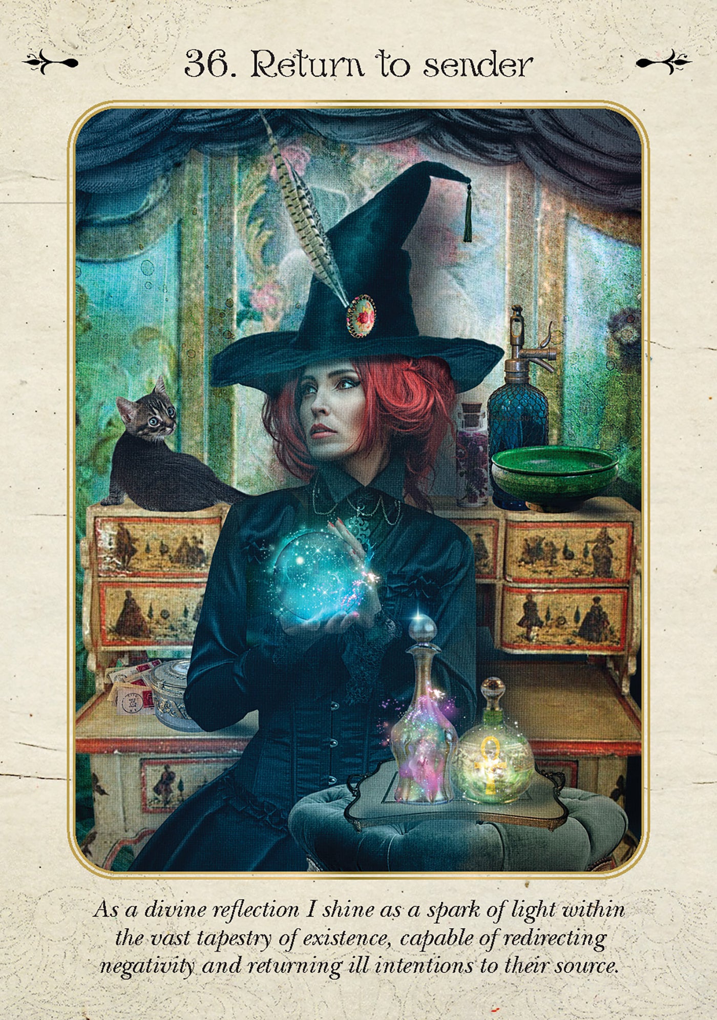 Magical scene with a witch in a dark outfit and hat, surrounded by mystical objects and a cat.