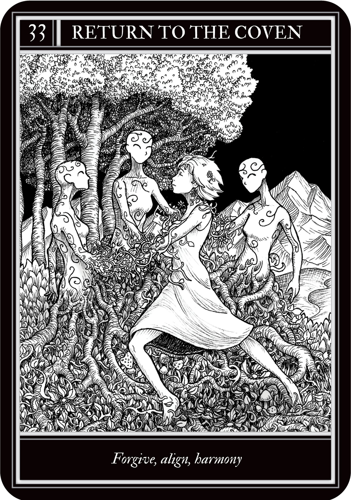 Tarot card with a black and white illustration of a woman surrounded by other figures in a forest setting, with text 'Return to the Coven' at the top.