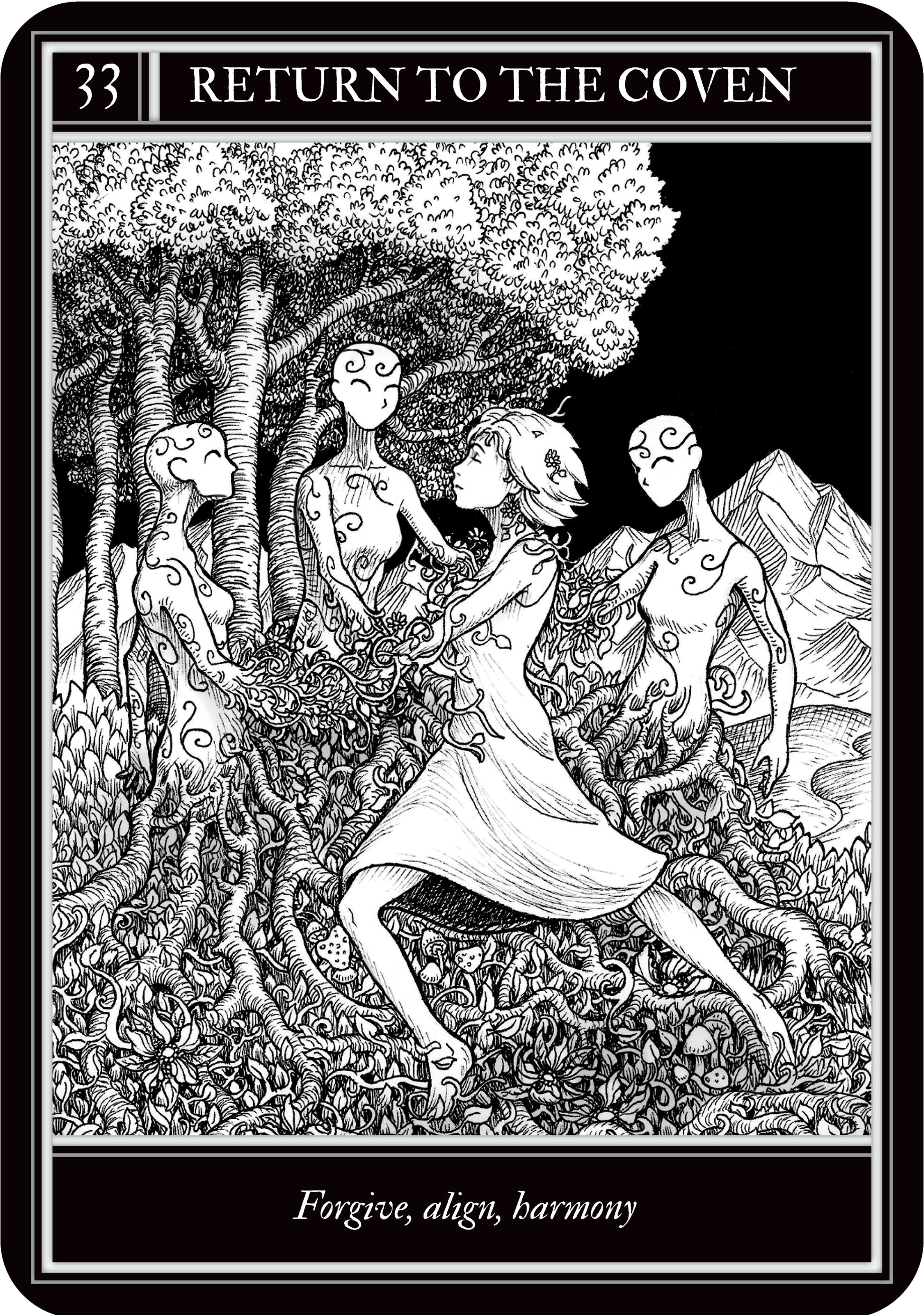 Tarot card with a black and white illustration of a woman surrounded by other figures in a forest setting, with text 'Return to the Coven' at the top.