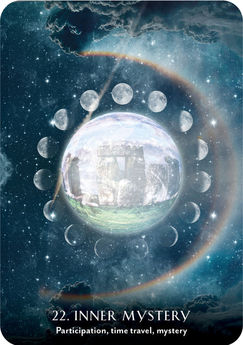 Artistic depiction of a spherical structure with moon phases around it, titled '22. Inner Mystery'.