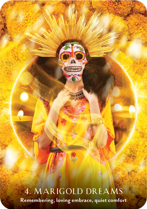 Card with a person in a vibrant outfit and colorful skull mask against a bright yellow background.