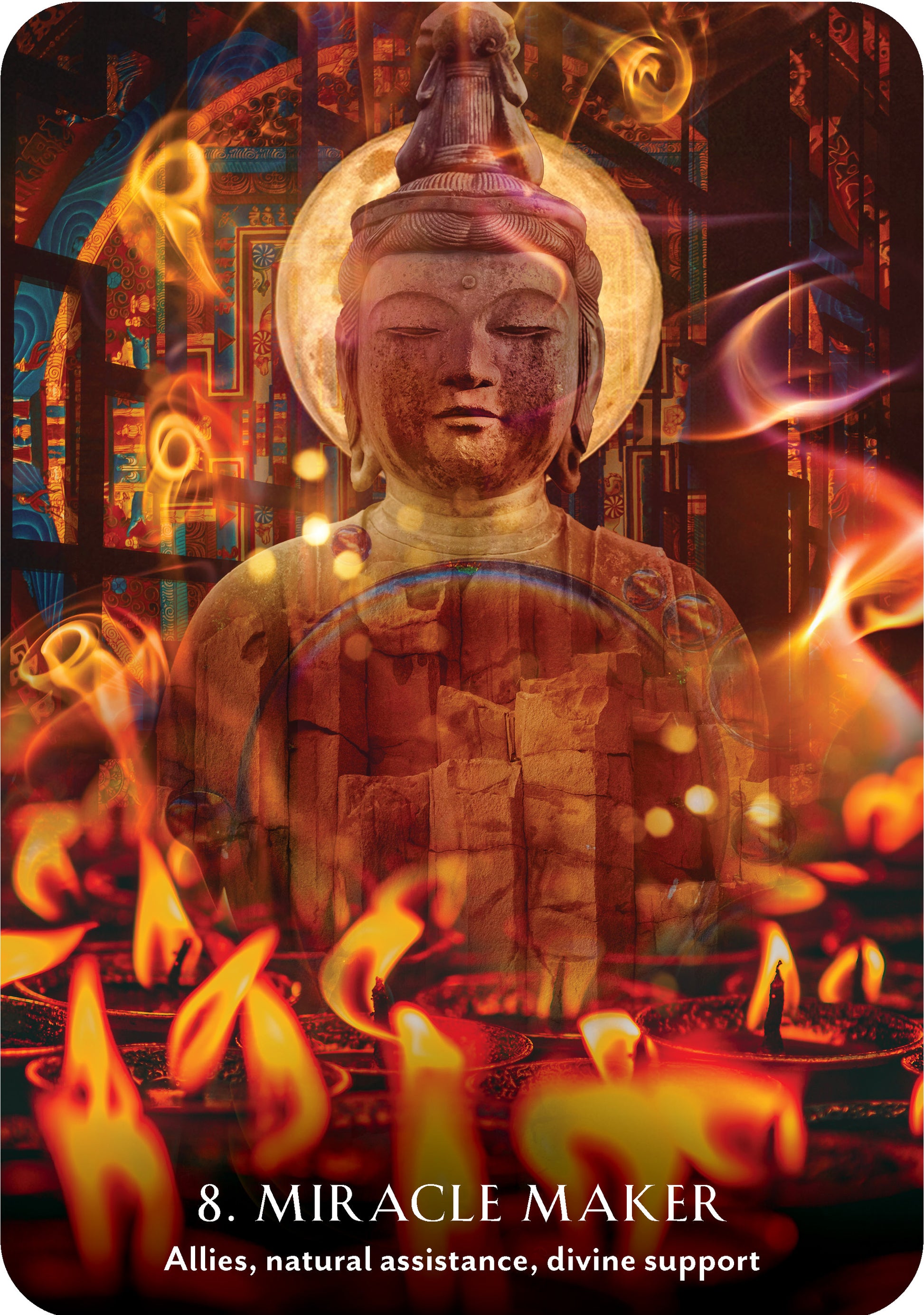 Statue of a Buddha surrounded by flames with text '8. Miracle Maker' at the bottom.