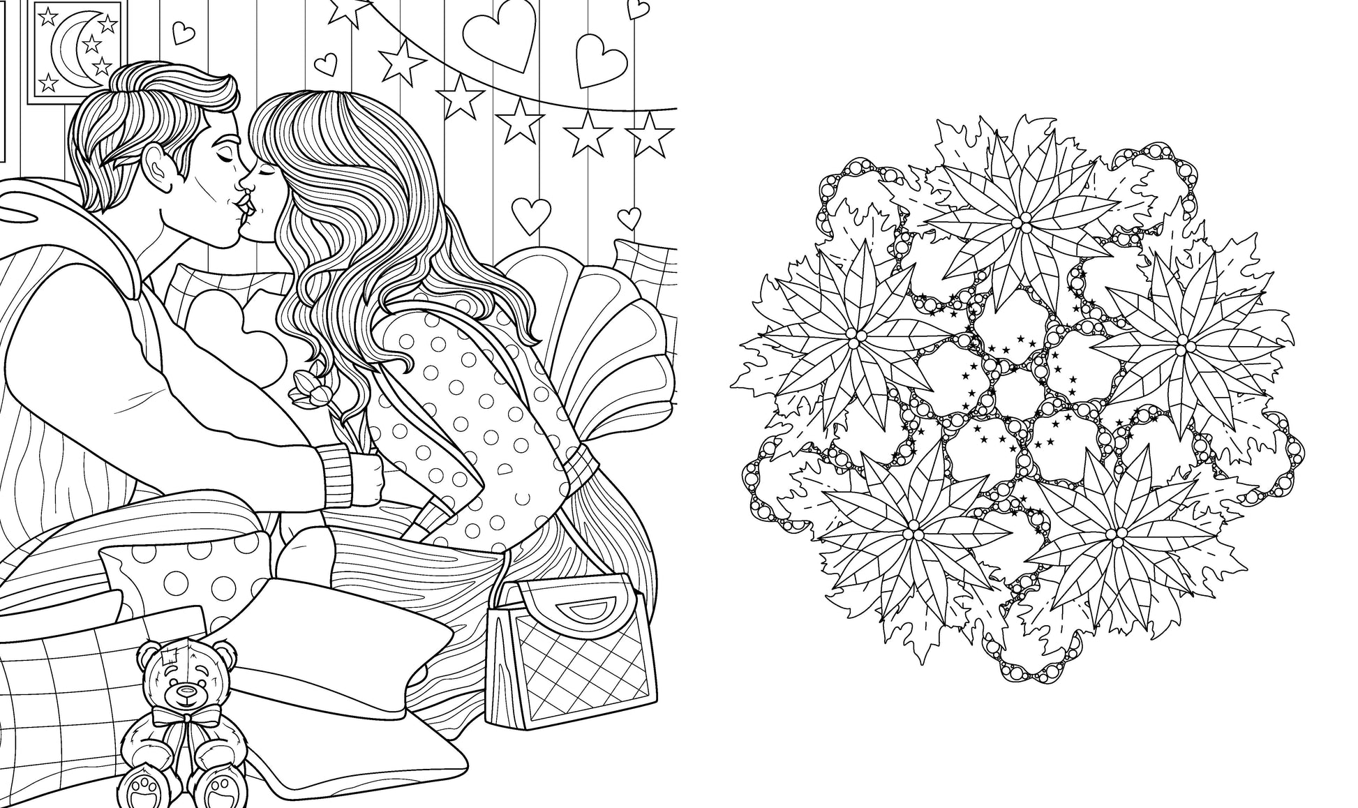 Coloring book page with couple and mandala