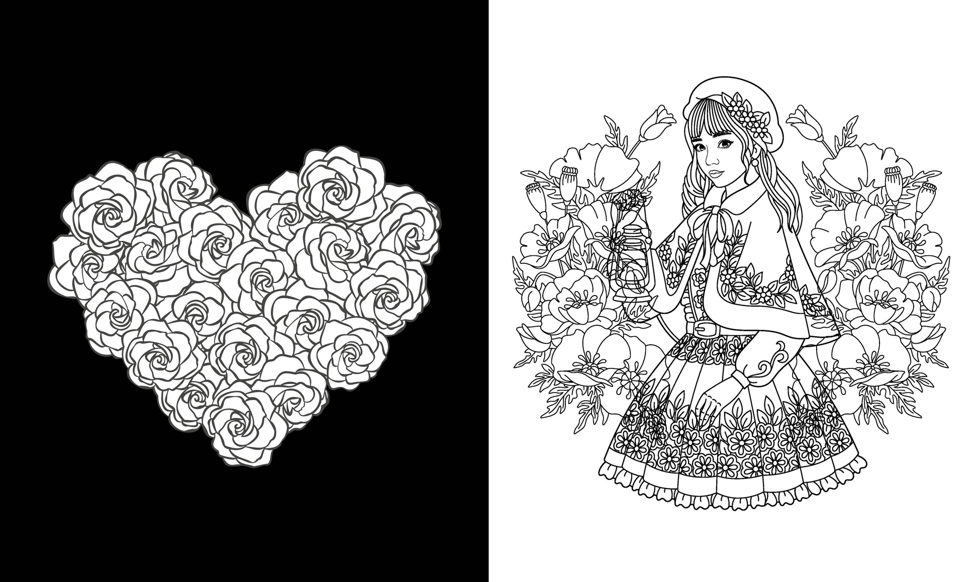 Black and white illustration of a heart made of roses and a girl surrounded by flowers on a white background.