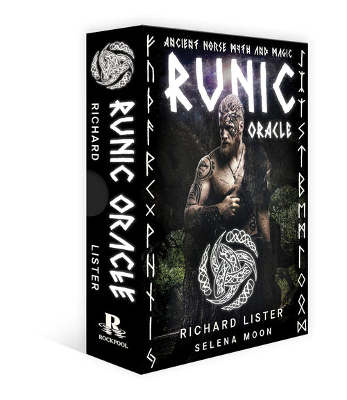 Runic Oracle card set packaging with a person and runes on a white background