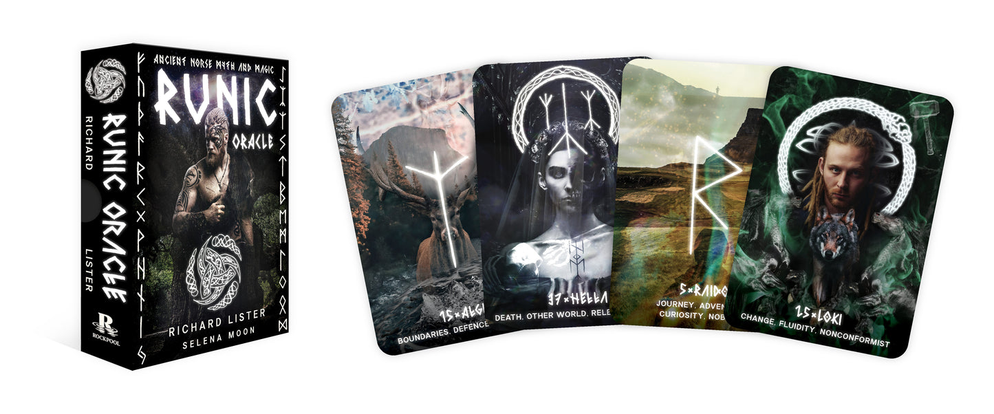 Runic Oracle card set with packaging on a white background