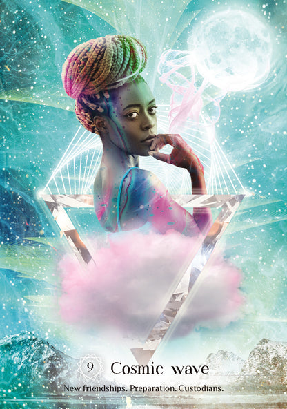 Person with colorful braids in a futuristic, green-themed setting with text 'Cosmic wave' at the bottom.