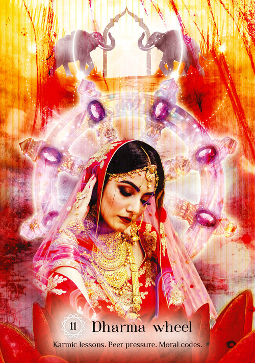 Woman in traditional attire with a Dharma wheel symbol on a colorful background