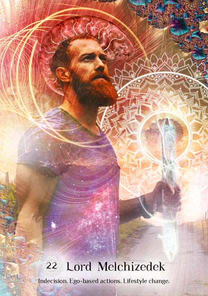 Man with a beard holding a glowing object against a colorful, abstract background with text '22 Lord Melchizedek'.