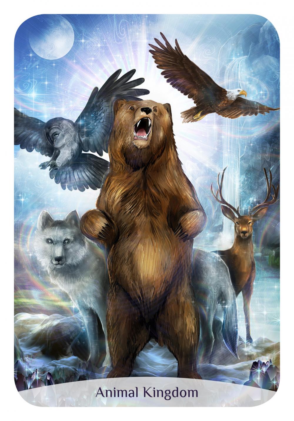 Illustration of a bear, wolf, eagle, and deer in a mystical forest setting with 'Animal Kingdom' branding.