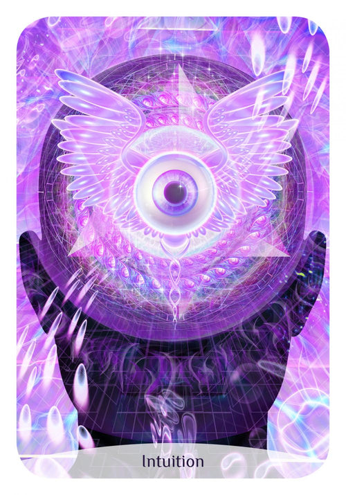 Card with an eye design and wings, labeled 'Intuition', on a purple and pink gradient background.