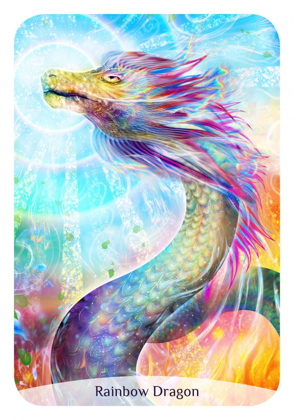 Colorful illustration of a rainbow dragon with a bright background