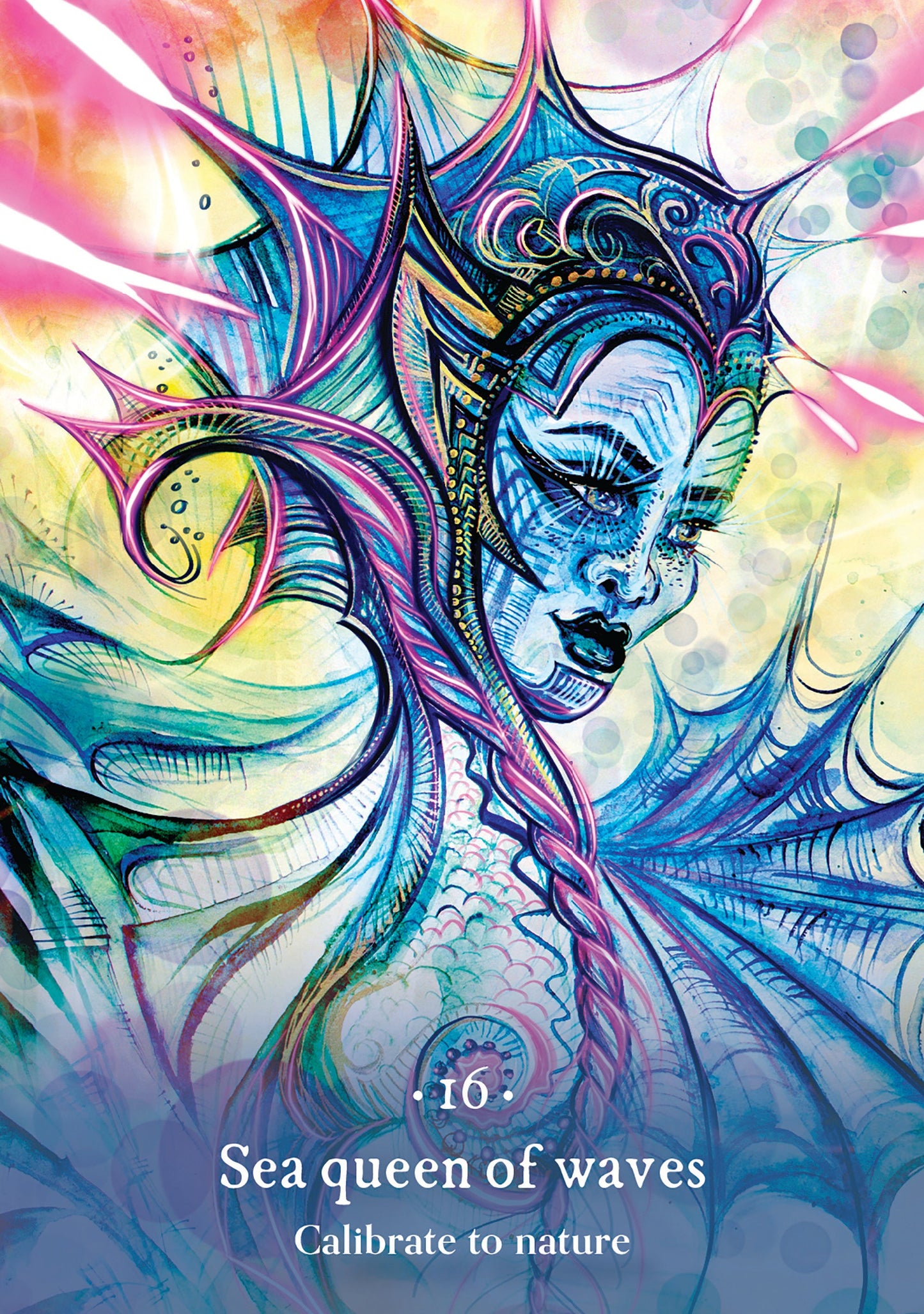 Colorful illustration of a sea queen with swirling patterns and text 'Sea queen of waves Calibrate to nature'.