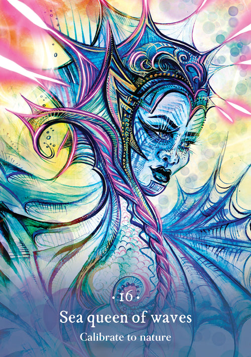Colorful illustration of a sea queen with swirling patterns and text 'Sea queen of waves Calibrate to nature'.
