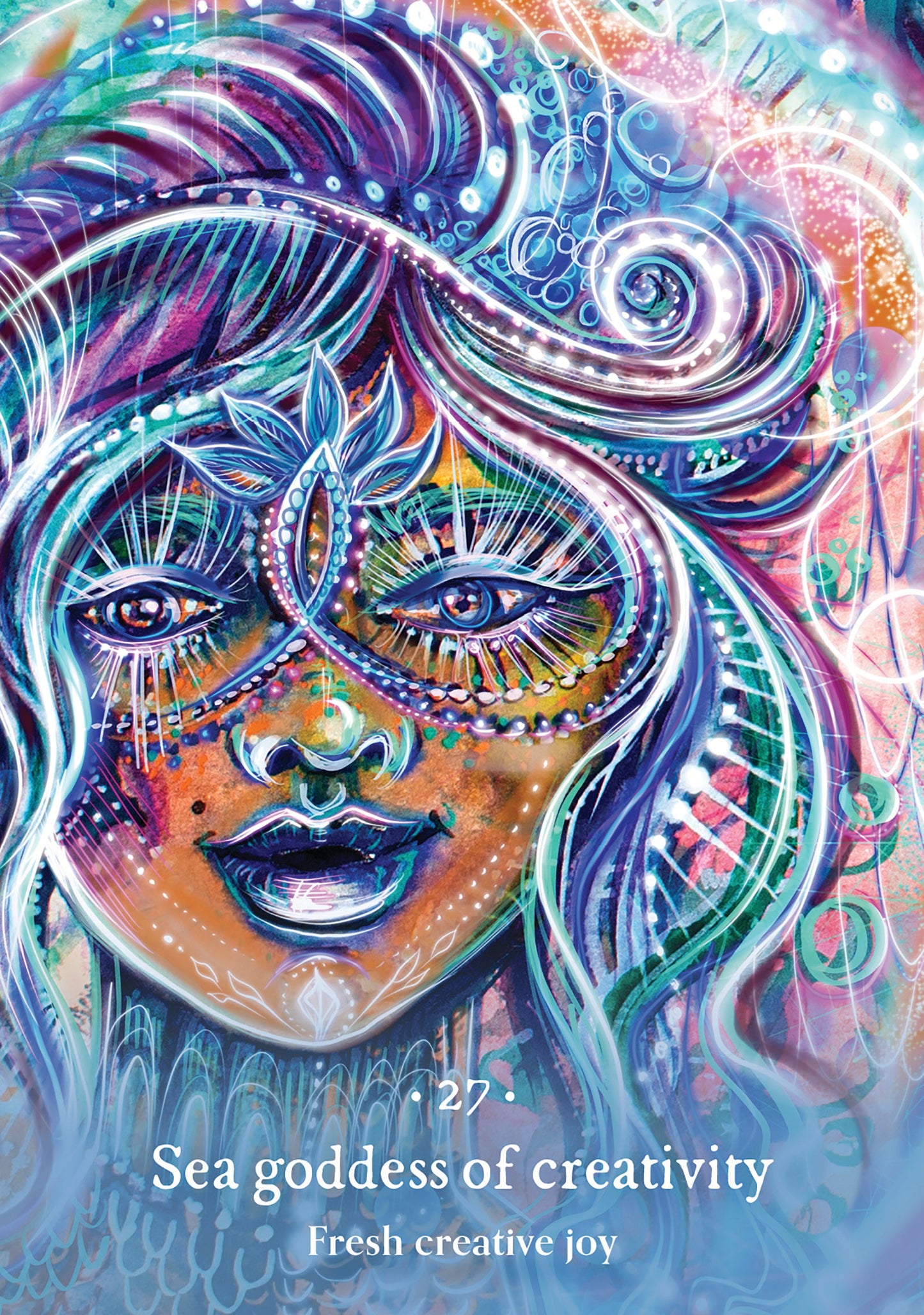 Colorful artwork of a face with artistic design, titled 'Sea goddess of creativity'.