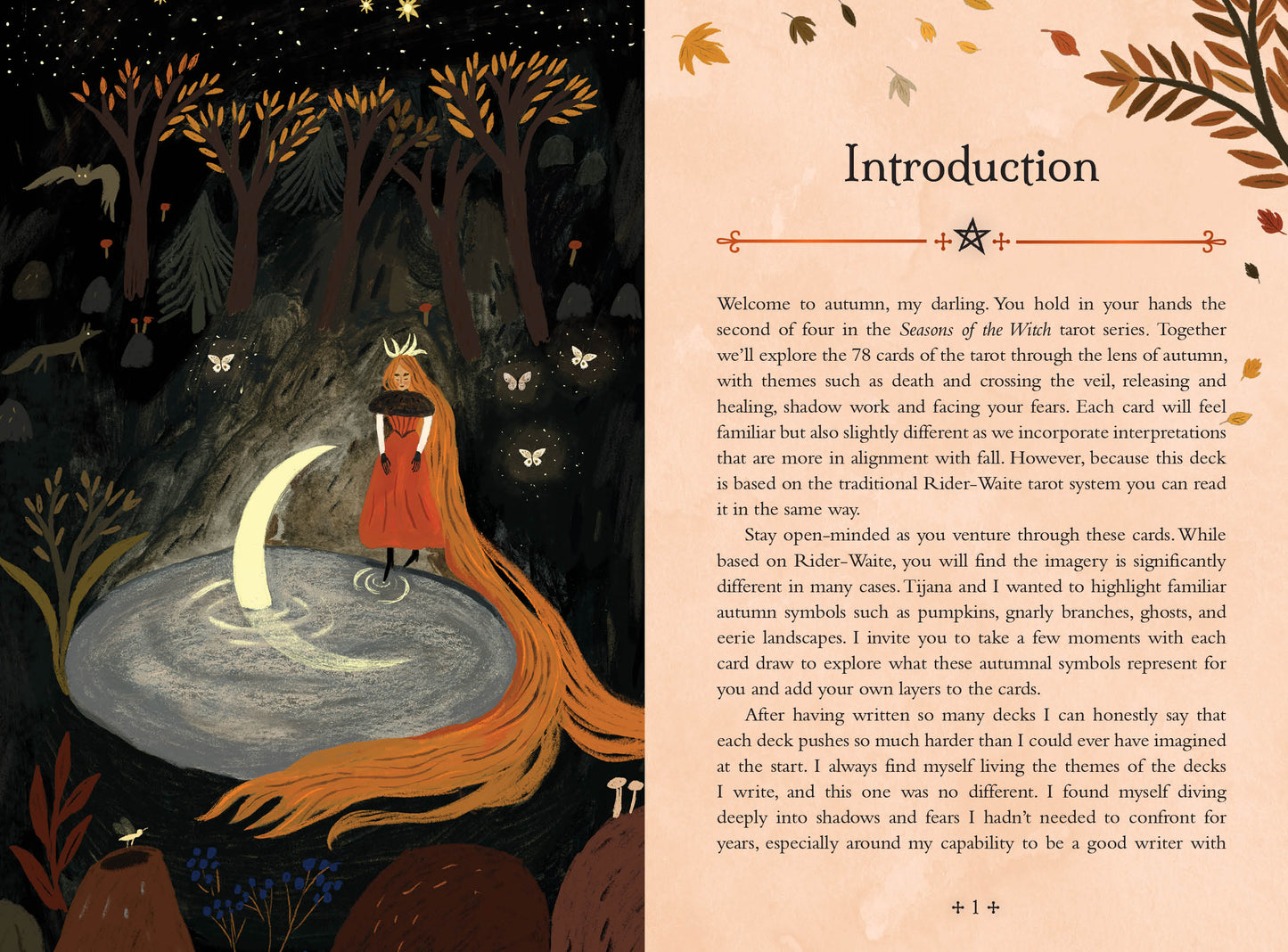 Illustration of a person with long orange hair standing on a moonlit path in a forest, with text on the right side.