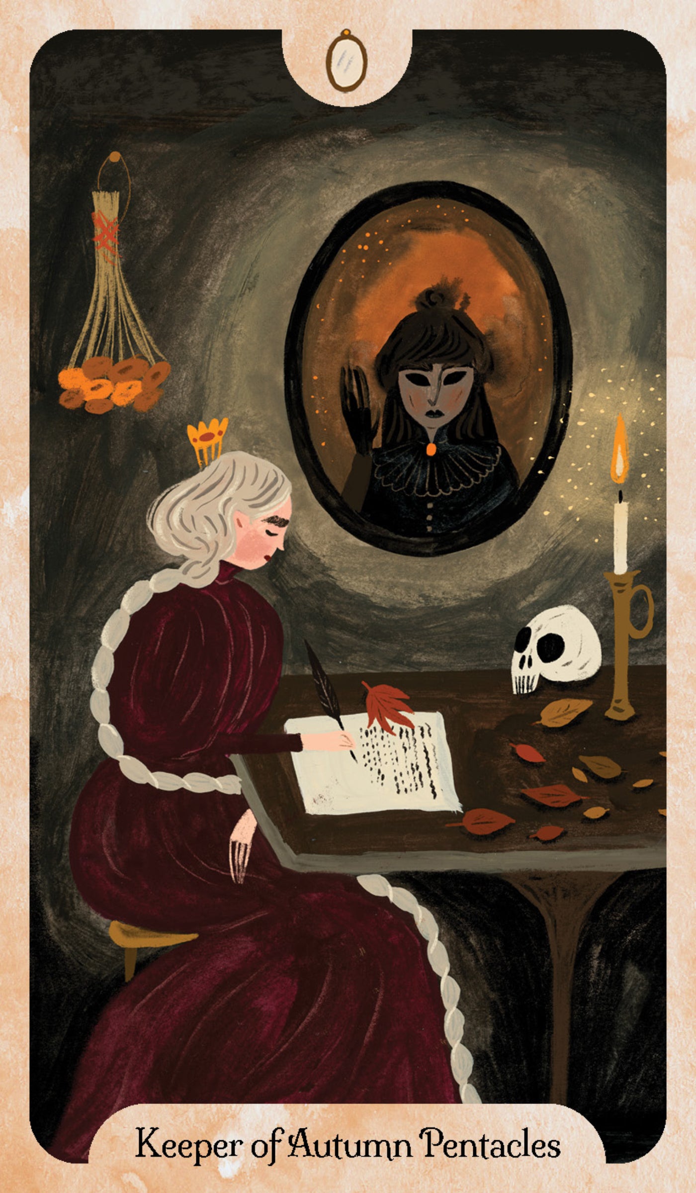 Tarot card featuring a woman in a dark room with a mirror, skull, and candles, labeled 'Keeper of Autumn Pentacles'.