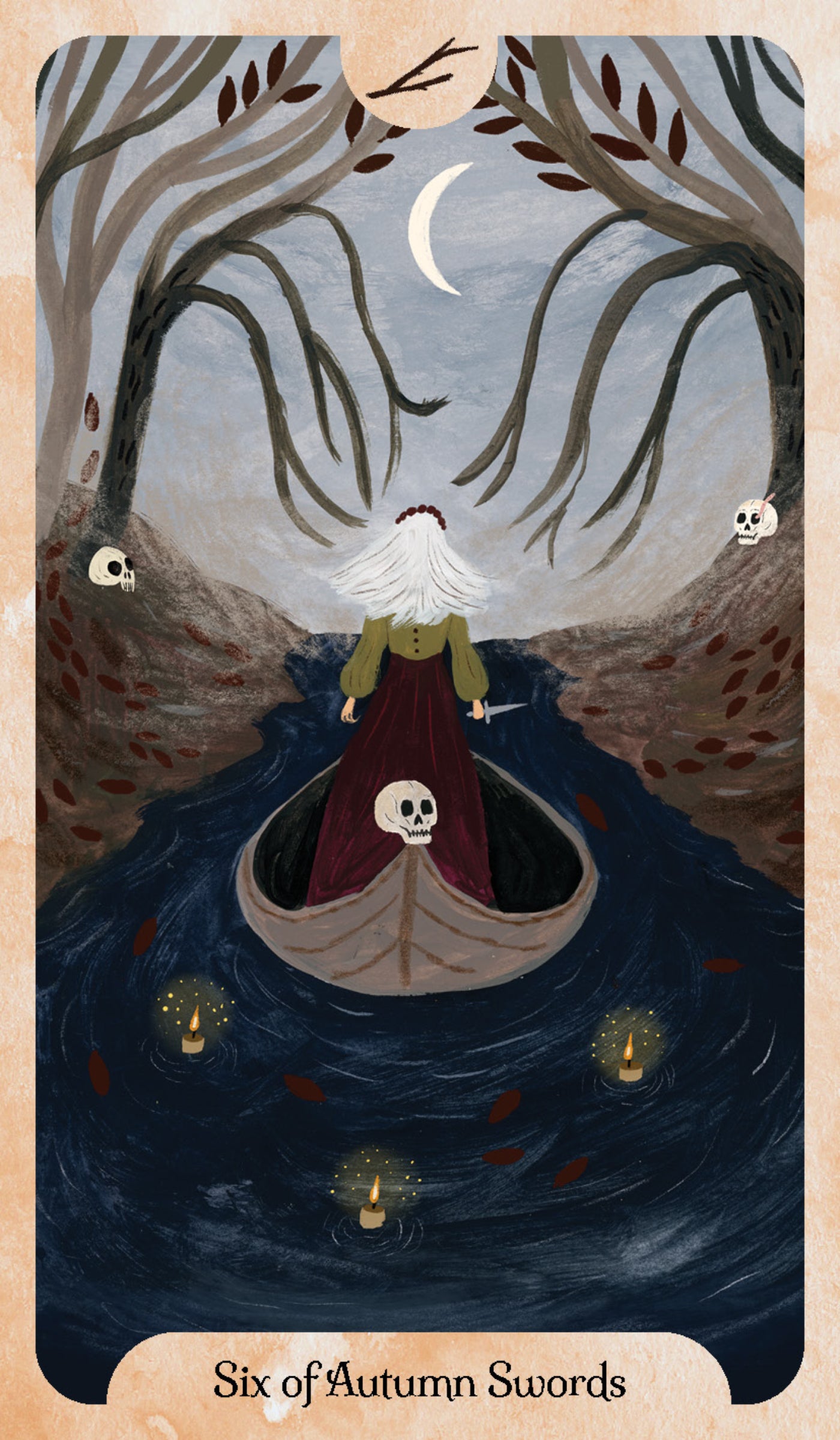 Card from a tarot deck featuring a person in a boat with candles and skulls, surrounded by trees and a moon.