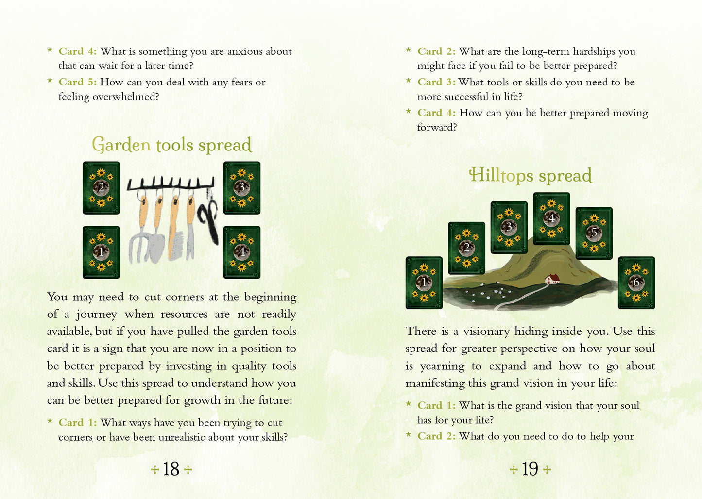 Spreads from a card game with garden tools and hilltops imagery on a light green background.