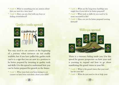 Spreads from a card game with garden tools and hilltops imagery on a light green background.