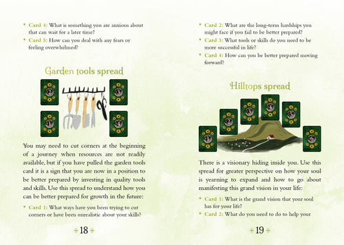 Spreads from a card game with garden tools and hilltops imagery on a light green background.