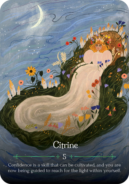 Illustration of a woman surrounded by nature with a celestial background, featuring the word 'Citrine'.