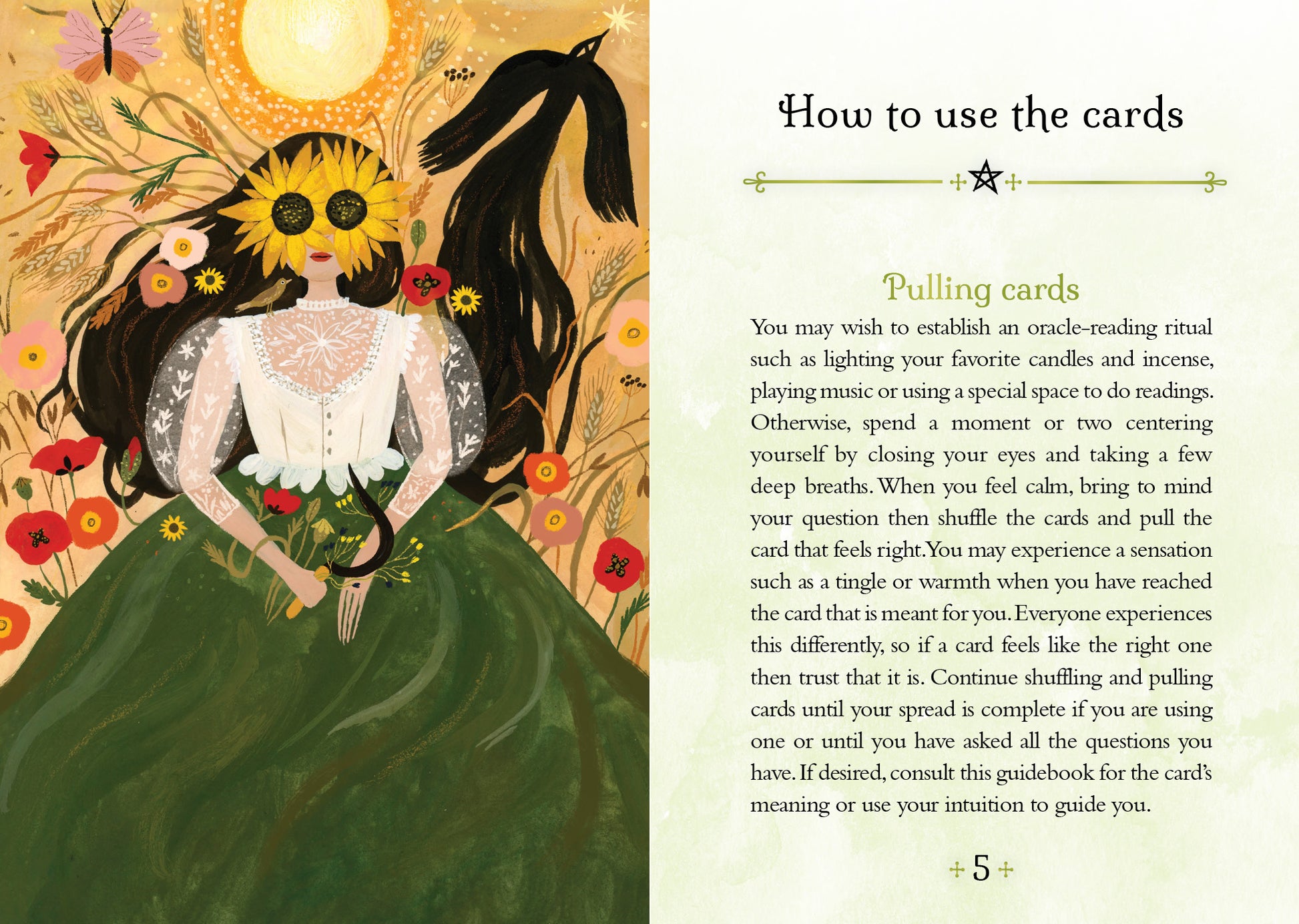 Illustration of a woman with flowers and text on how to use cards, possibly from a tarot or oracle card guide.