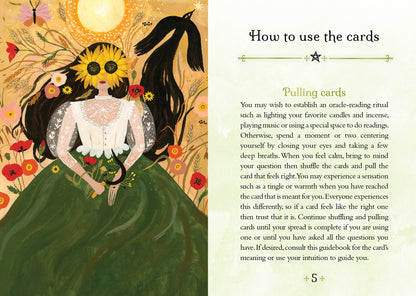 Illustration of a woman with flowers and text on how to use cards, possibly from a tarot or oracle card guide.