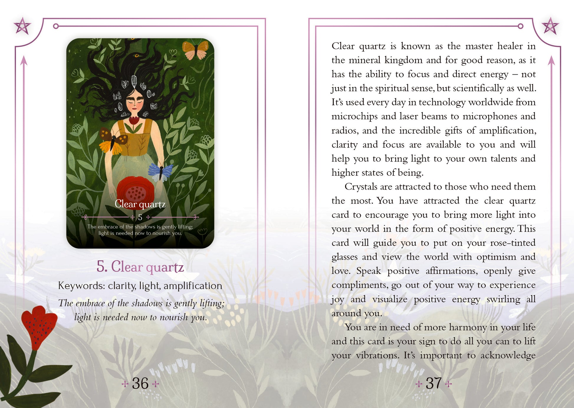 Card from a tarot or oracle deck with a green background and text about clear quartz.