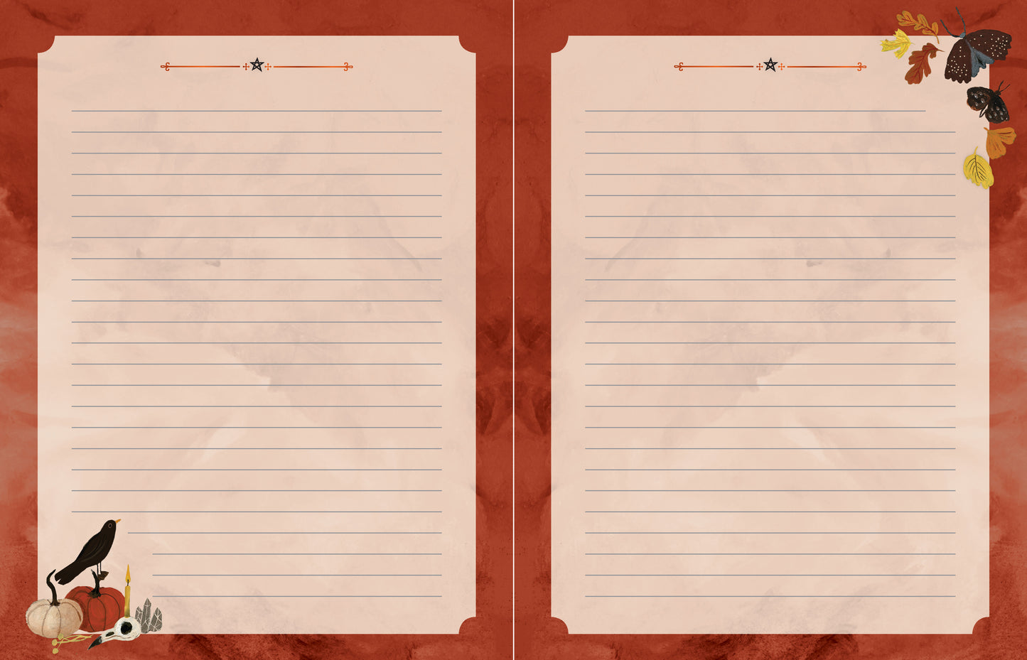 Two lined pages with decorative elements on a textured brown background