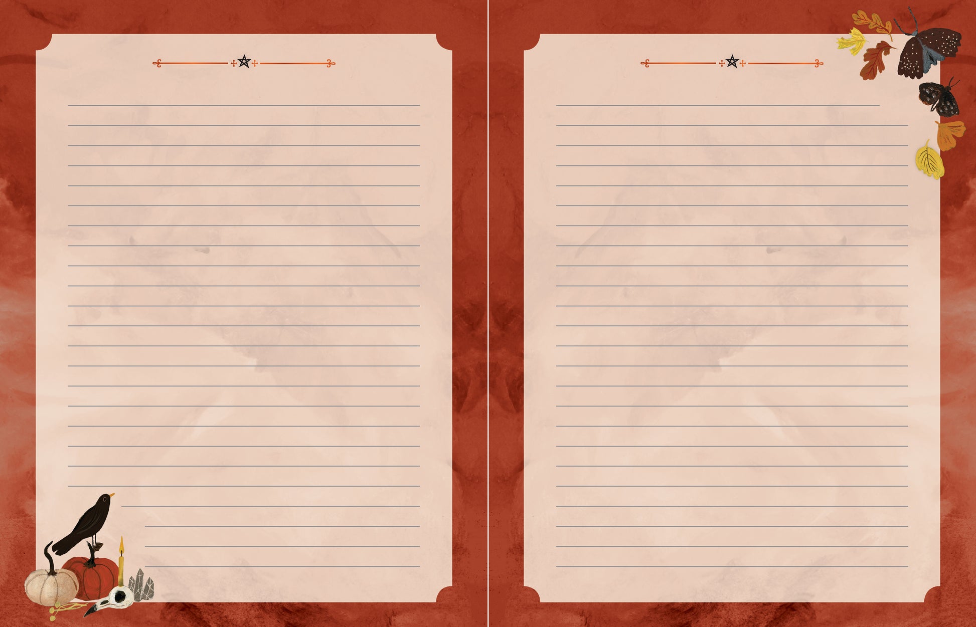 Two lined pages with decorative elements on a textured brown background