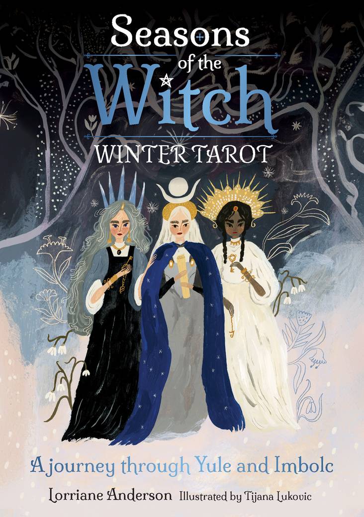 Book cover of 'Seasons of the Witch: Winter Tarot' featuring three illustrated witches.