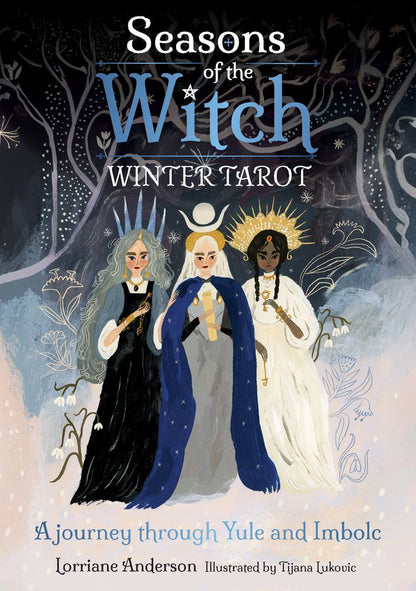 Book cover of 'Seasons of the Witch: Winter Tarot' featuring three illustrated witches.