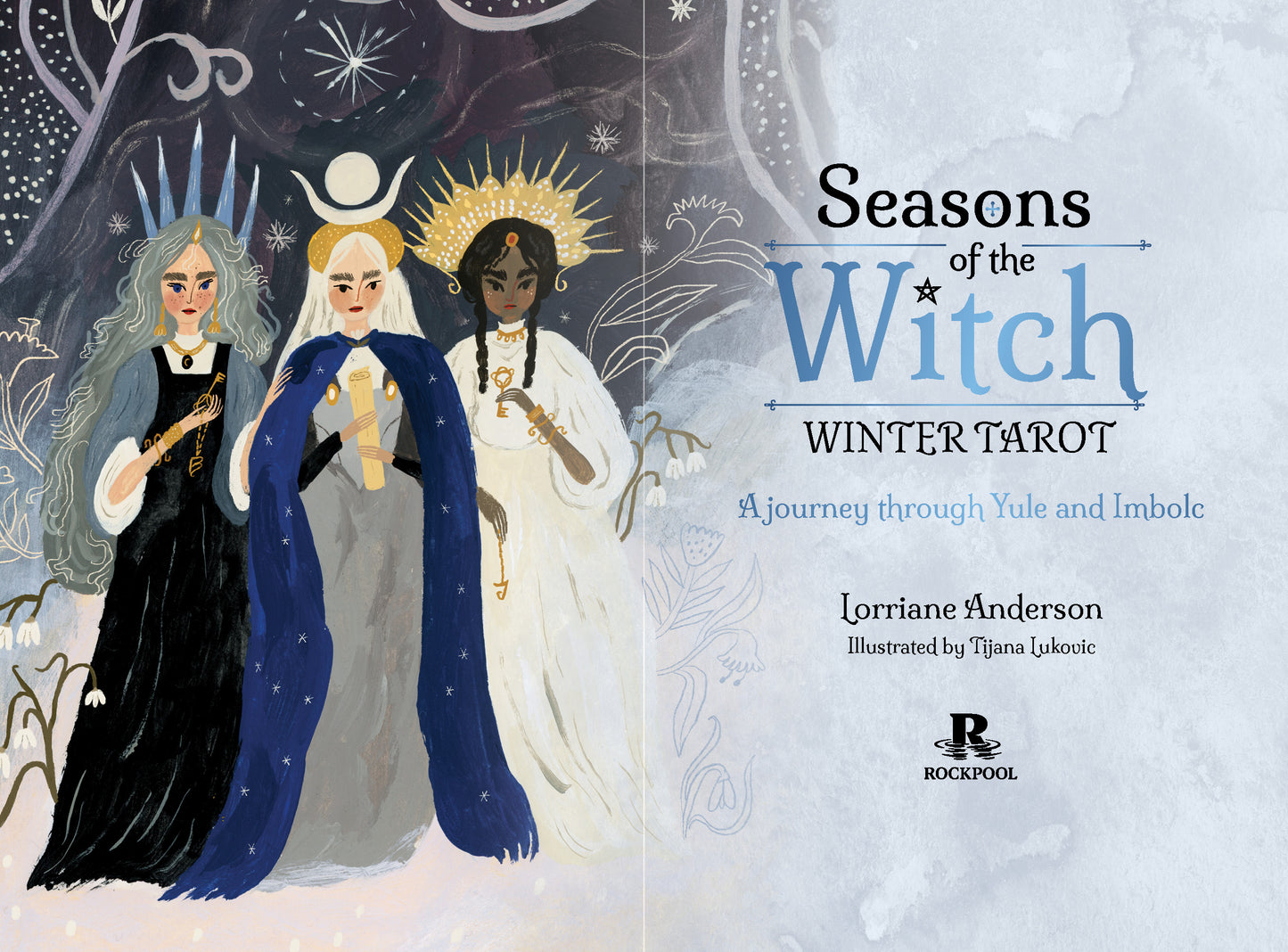 Book cover of 'Seasons of the Witch: Winter Tarot' with illustrations of three women and text.