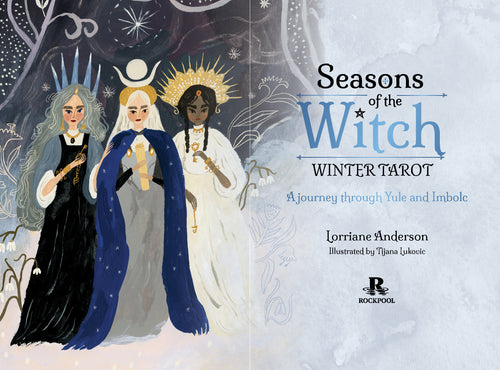Book cover of 'Seasons of the Witch: Winter Tarot' with illustrations of three women and text.