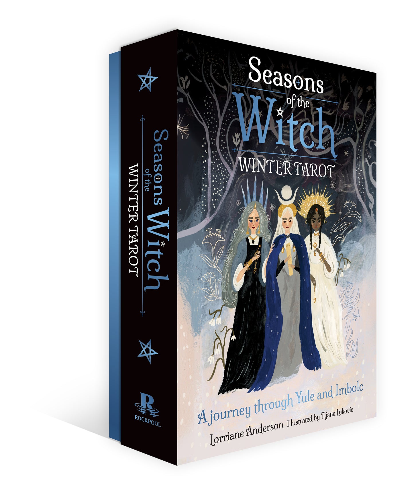 Seasons of the Witch Winter Tarot box with illustrations of three figures and text on a white background