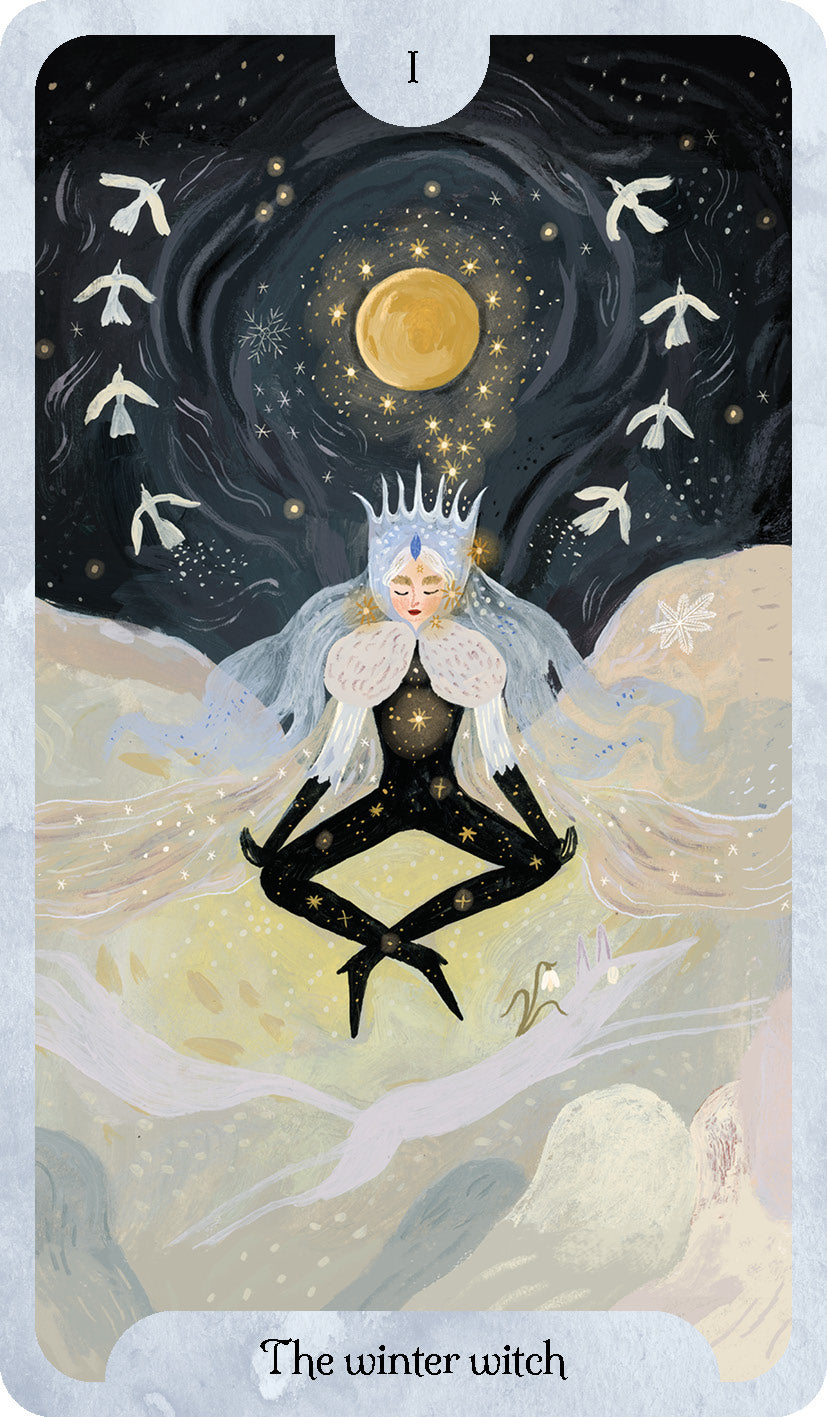 Tarot card featuring a 'winter witch' with a moon and starry night background.