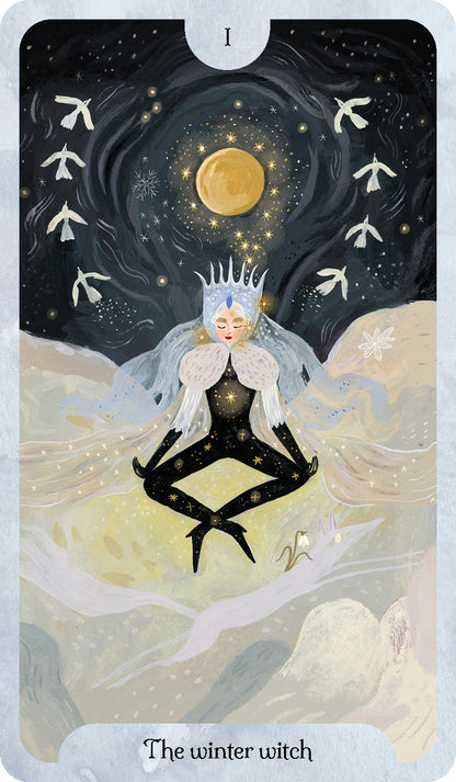 Tarot card featuring a 'winter witch' with a moon and starry night background.