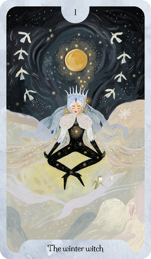 Tarot card featuring a 'winter witch' with a moon and starry night background.