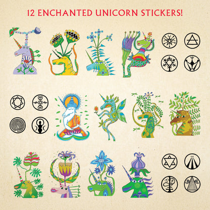 Set of 12 colorful unicorn stickers on a beige background with text '12 Enchanted Unicorn Stickers!'.