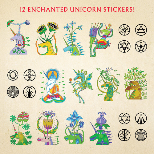 Set of 12 colorful unicorn stickers on a beige background with text '12 Enchanted Unicorn Stickers!'.