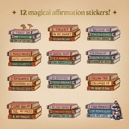 Set of 12 illustrated affirmation stickers on a beige background