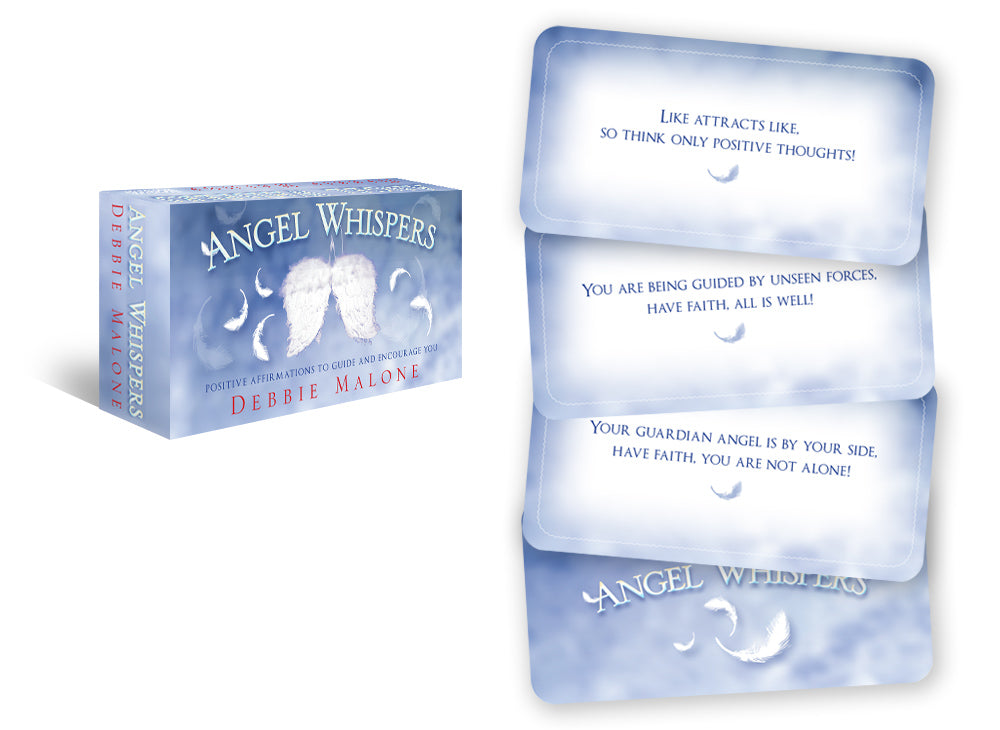 Set of 'Angel Whispers' cards with packaging on a white background